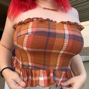 Ruffled Plaid Stretchy Ribbed Tube Top